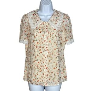 Allegra K Cream Floral Lace Blouse